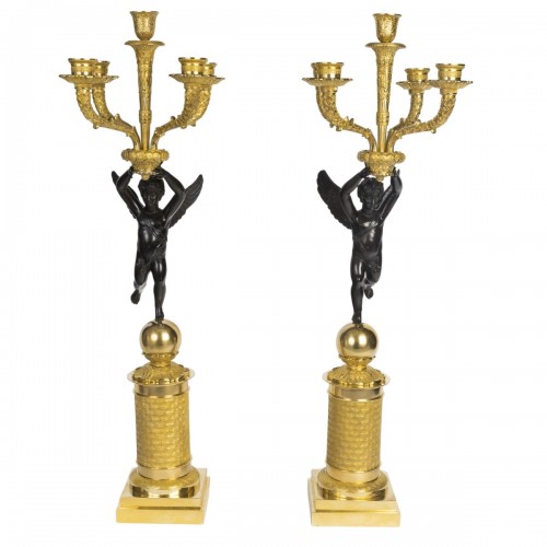 Grande paire de candélabre en bronze doré et patiné, d'époque Empire