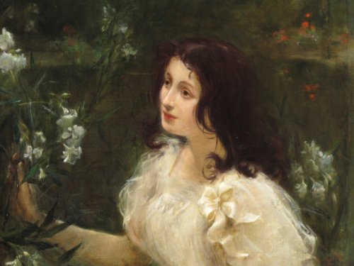 Jeune femme au bouquet de fleurs - L. Ollier 1899 - Tableaux et dessins Style Art nouveau