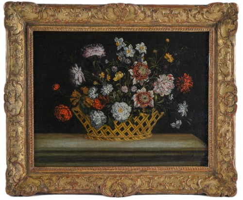 Panier de fleurs sur un entablement - Ecole flamande du XVIIe siècle