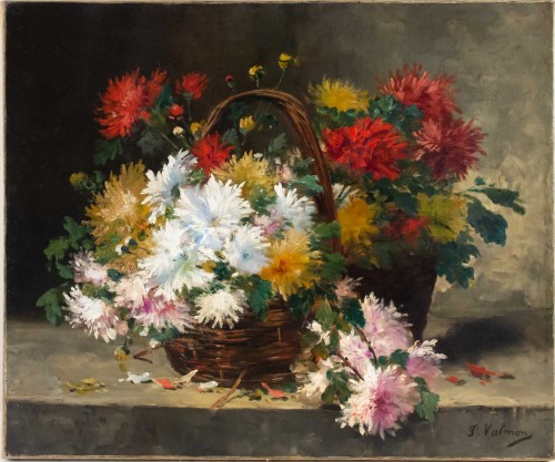Chrysanthèmes dans un panier - Ecole française du XIXe siècle