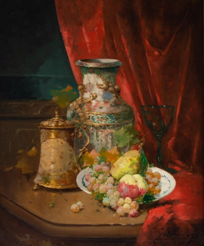 Emile Godchaux (1860 - 1938) - Assiette de fruits au vase de Chine - Tableaux et dessins Style 
