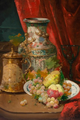 Paintings & Drawings  - Emile Godchaux (1860 - 1938) : Plate with fruits with a Chinese vase.