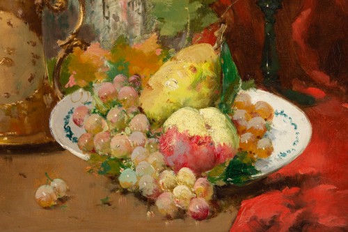 19th century - Emile Godchaux (1860 - 1938) : Plate with fruits with a Chinese vase.