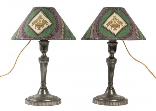 A pair of tin candelsticks mounted Lamps