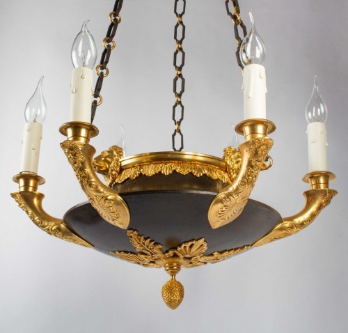 Lighting  - A gilt bronze and green metal sheet Chandelier in the First Empire Style