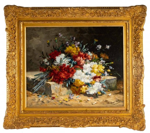 Bouquet of carnations on an entablature - Henri Cauchois (1850 - 1911)