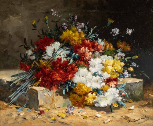Paintings & Drawings  - Bouquet of carnations on an entablature - Henri Cauchois (1850 - 1911)