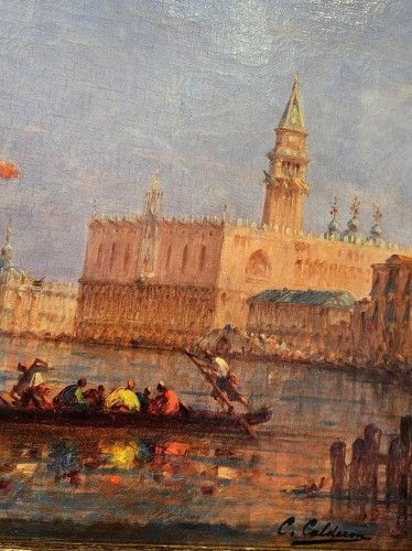 Venise, voiliers et gondoles devant le palais des Doges - Charles -Clément CALDERON (1870 -1906) - Tableaux et dessins Style 