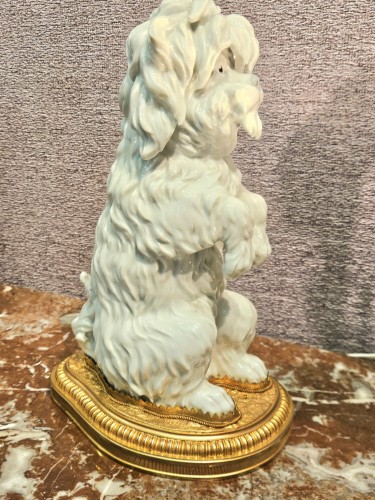 Chien Bichon frisé en porcelaine émaillée montée sur socle bronze doré - Hirsch Antiquités