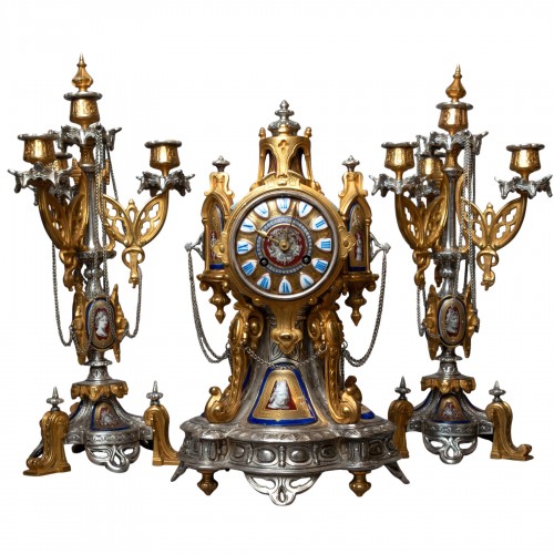 Neo-Gothic mantel garniture in gilt and silvered bronze