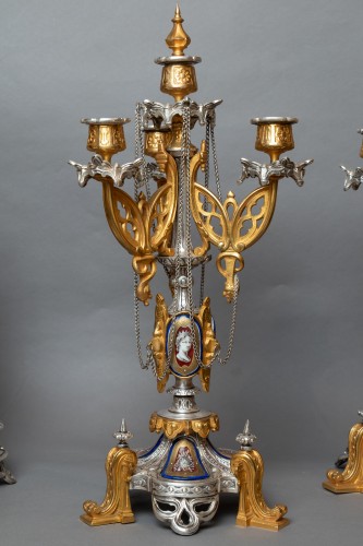 Horology  - Neo-Gothic mantel garniture in gilt and silvered bronze