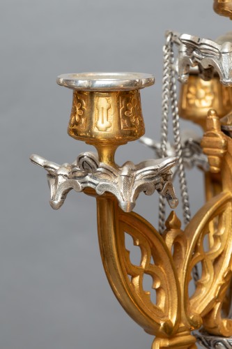 Neo-Gothic mantel garniture in gilt and silvered bronze - 