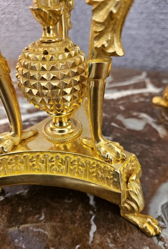 Paire de bougeoirs en bronze doré aux aigles et pampilles - Hirsch Antiquités