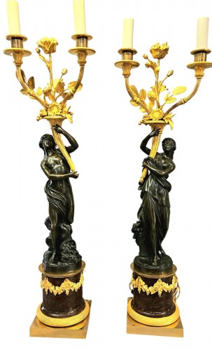 Paire de candélabres aux figures allégoriques en bronze patiné et bronze doré, époque
