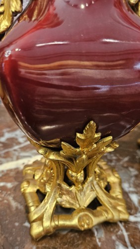 XIXe siècle - Paire de flacons Napoléon III en porcelaine "sang de boeuf" et bronze doré et ciselé,