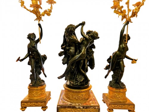 Importante garniture de cheminée en bronze doré et bronze patin fin XIXe