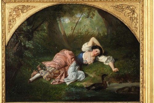 Tableaux et dessins Tableaux XIXe siècle - Jules Louis TINTHOIN (1822 - 1859) - Jeune femme au cygne