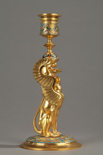 Bougeoirs aux griffons ailés F.Barbedienne en cloisonné et bronze doré - Napoléon III
