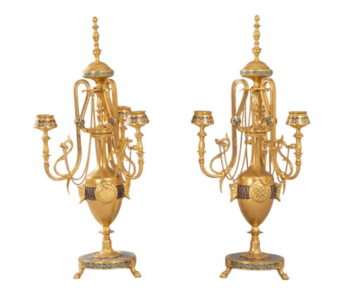 Pair of bronze and cloisonné enamel candelabra - F. Barbedienne