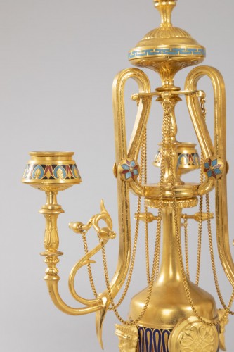 Pair of bronze and cloisonné enamel candelabra - F. Barbedienne - 