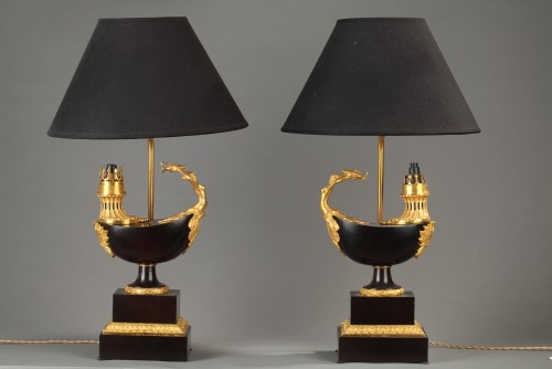 Antiquités - Une paire de lampe à pétrole d’époque Restauration