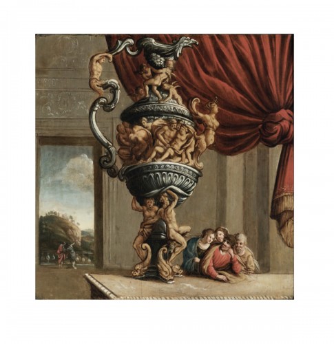Vase de jardin monumental, peinture sur panneau attribuée à Jean Le Pautre (1618-1682)