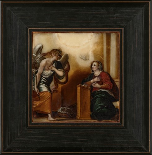 ‘L’Annunciation’ peinture sur Albâtre - Italie, XVIIe siècle - Art sacré, objets religieux Style 