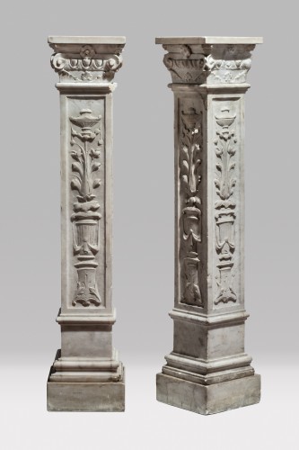 Italian antique pair of columns/plinths with floral motifs, 19th Century - Decorative Objects Style Napoléon III