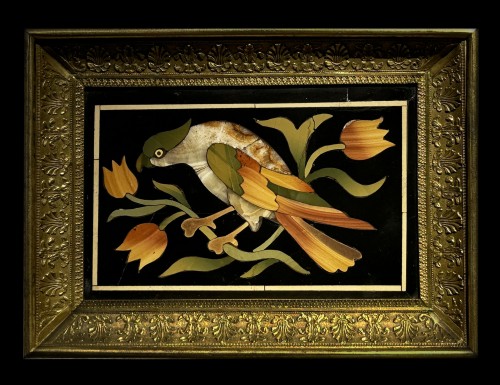 Decorative Objects  - Pair of florentine pietra dura plaques with birds in gilt bronze frame, 18th Century