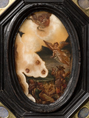 Art sacré, objets religieux  - L'Annonciation aux bergers, peinture sur agate circa 1630