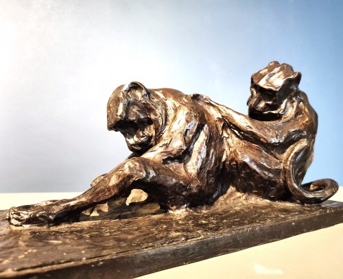 Sculpture Sculpture en Bronze - Deux Singes s'épouillant par Guido Righetti (1875-1958)