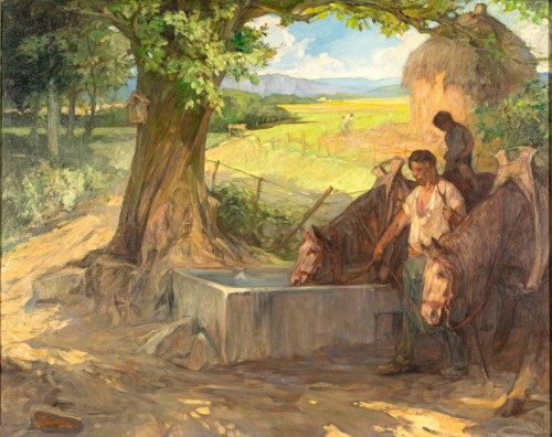 Chevaux au repos à l'abreuvoir, Jules Pierre Van Biesbroeck (1873-1965)