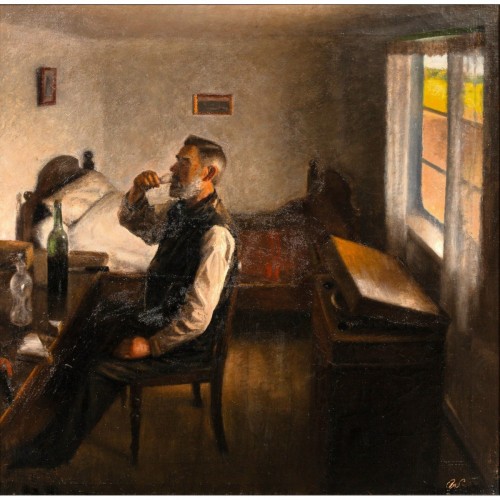 Farmer busy eating his lunch, (I think he's just boozing) by Søeborg Axel (1872-1939)