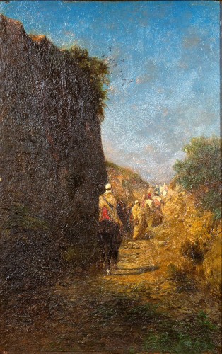 Cavaliers et bédouins marchant sur un chemin près d’une falaise, par Honoré BOZE