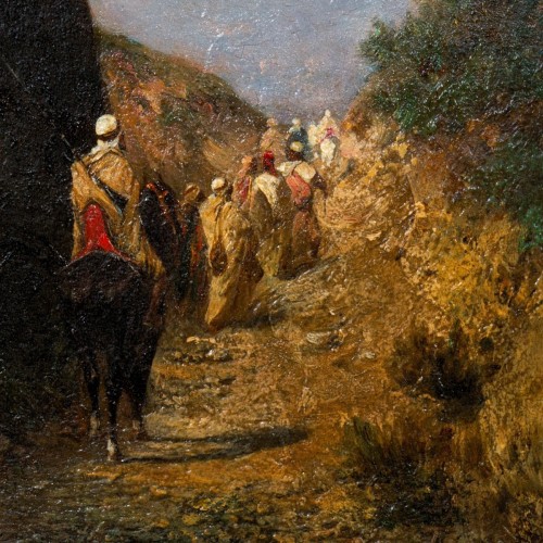 Tableaux et dessins  - Cavaliers et bédouins marchant sur un chemin près d’une falaise, par Honoré BOZE