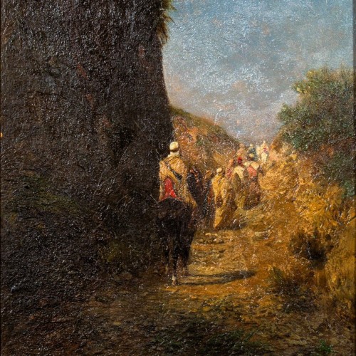 Cavaliers et bédouins marchant sur un chemin près d’une falaise, par Honoré BOZE - 