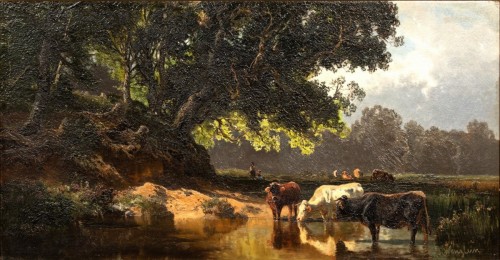 Cows at drinking trough, Oil on panel by Josef Wenglein (1845 - 1919)
