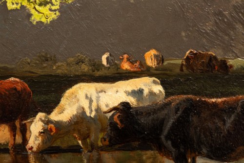19th century - Cows at drinking trough, Oil on panel by Josef Wenglein (1845 - 1919)
