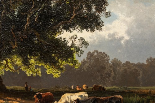  - Vaches à l'abreuvoir, Huile sur panneau de Josef Wenglein (1845 - 1919)