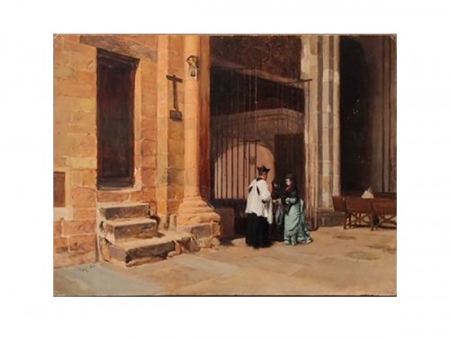 Interior of church Oil on panel - Enrique MÉLIDA (1838 – 1892) 