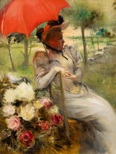 La parasol rouge par Edgard de St-Pierre de Montzaigle (1867–1930) - Tableaux et dessins Style 