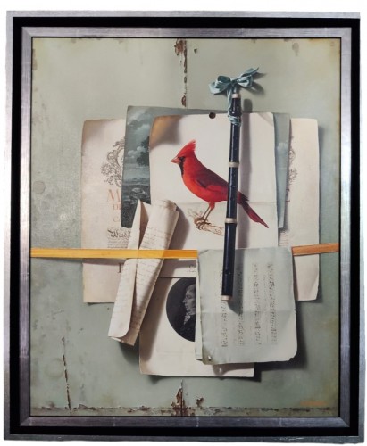 Nature morte avec flûte et cardinal rouge par Jean Grimal (1942–1998)