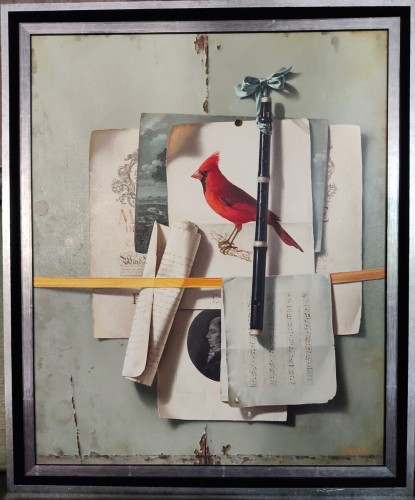 Nature morte avec flûte et cardinal rouge par Jean Grimal (1942–1998) - Tableaux et dessins Style 