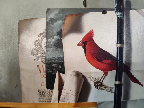 Nature morte avec flûte et cardinal rouge par Jean Grimal (1942–1998) - 