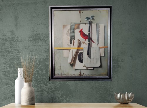 Antiquités - Nature morte avec flûte et cardinal rouge par Jean Grimal (1942–1998)