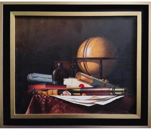  Still Life with Globe, Books and Telescope,by Jean Grimal (1942–1998)