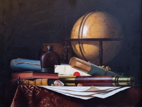  Still Life with Globe, Books and Telescope,by Jean Grimal (1942–1998) - 