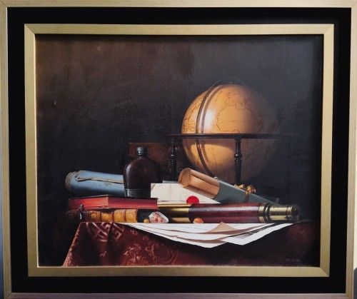 20th century -  Still Life with Globe, Books and Telescope,by Jean Grimal (1942–1998)