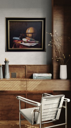 Antiquités -  Still Life with Globe, Books and Telescope,by Jean Grimal (1942–1998)