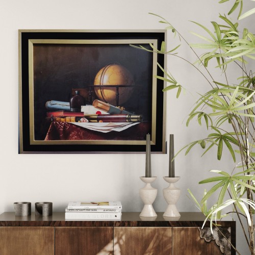 Antiquités -  Still Life with Globe, Books and Telescope,by Jean Grimal (1942–1998)